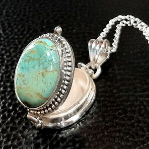Tibetan turquoise photo locket necklace Sterling silver locket Keepsake box pendant Movable lid Secret compartment Turquoise gemstone locket