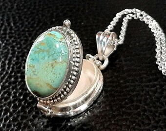 Tibetan turquoise photo locket necklace Sterling silver locket Keepsake box pendant Movable lid Secret compartment Turquoise gemstone locket