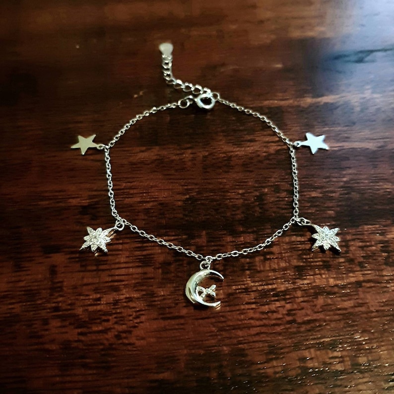 Crescent moon /& star bracelet Sterling silver Celestial Lunar charms Crescent moon zircon stars Minimalist Layering dainty charm bracelet