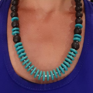 Turquoise necklace Volcanic lava necklace Santorini lava Turquoise magnesite gemstones Natural lava beads Greek jewelry Organic lava jewelry