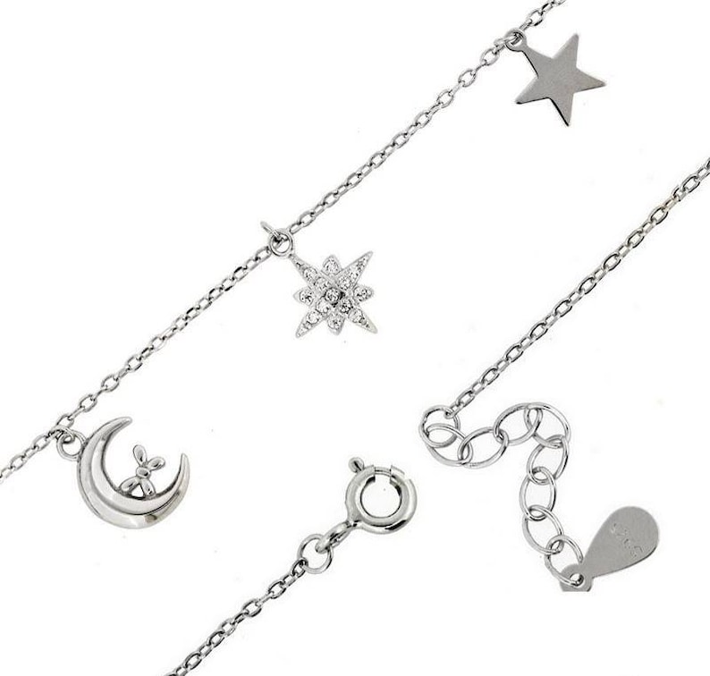 Crescent moon /& star bracelet Sterling silver Celestial Lunar charms Crescent moon zircon stars Minimalist Layering dainty charm bracelet