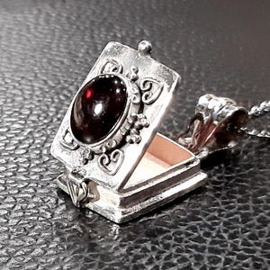 Può includere: Una collana con un ciondolo in argento decorato con un designo elaborato e una pietra preziosa rossa. Il ciondolo si apre per rivelare un piccolo scomparto all'interno.