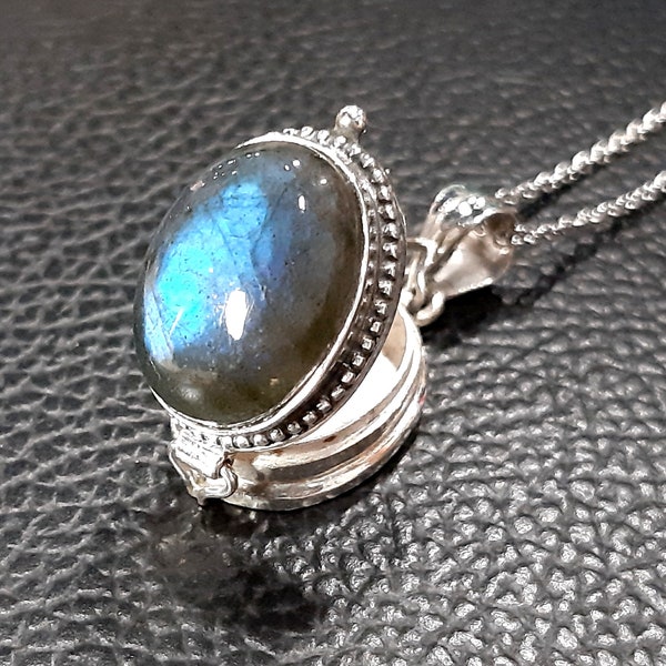 Collier médaillon photo en labradorite en argent sterling 925 avec pendentif souvenir 3-D boîte à breloques Médaillon à couvercle mobile Boîte à prières en pierres précieuses de labradorite