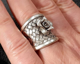 Anillo de red Anillo de plata de ley 925 Anillo de rosa Anillo ajustable Banda tejida Anillo de banda tejida Anillo tejido de banda ancha Anillo de tejido de malla Banda trenzada