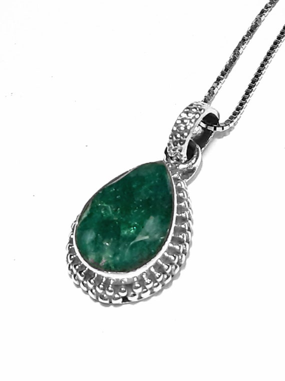 Emerald necklace Sterling silver necklace Emerald pendant Natural emerald gemstone May birthstone Emerald jewelry Emerald teardrop necklace