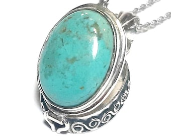 Turquoise photo locket necklace Sterling silver Keepsake 3-D charm box pendant Movable lid locket Secret compartment Turquoise gemstone box