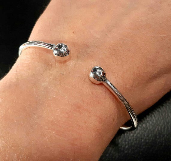 Torque bracelet 925 Sterling silver torque 925 Solid silver Adjustable torc bangle Mens torque cuff Two balls bangle Double ball bracelet
