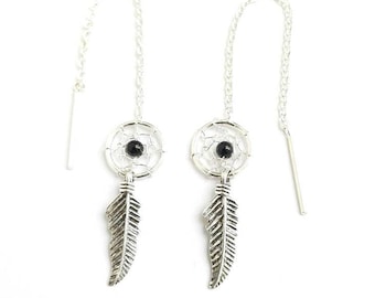 Pendientes de plumas con atrapasueños enhebrador, cadena de plata de ley 925, cadena larga, hilo para oreja de barra pequeña, pendientes de plumas delicados y vanguardistas