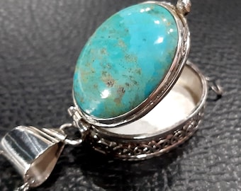 Tibetan turquoise photo locket necklace Sterling silver locket Keepsake Charm box Turquoise gemstone locket Movable lid pendant Prayer box