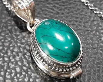 Tibetan turquoise photo locket necklace Sterling silver locket Keepsake box pendant Movable lid Secret compartment Turquoise gemstone locket