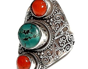 Anillo de turquesa tibetana, banda de plata de ley, anillo ajustable, anillo de coral rojo, anillo de gema turquesa, joyería tibetana, joyería de turquesa tibetana