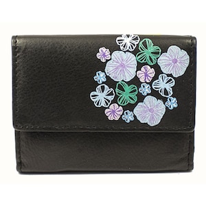Zwarte kleine portemonnee Lederen portemonnee Dames portemonnee Dames portemonnee Echt leer Vrouw portemonnee Bloemen portemonnee Valentijnscadeau Kindercadeau