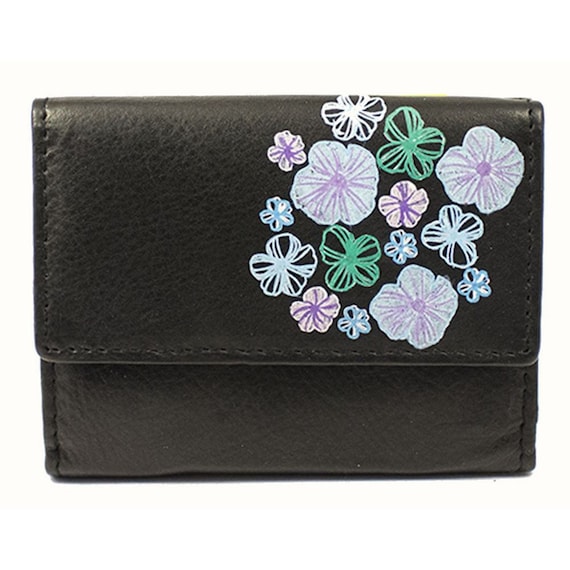 Petit portefeuille noir Portefeuille en cuir Sac a main pour dames Portefeuille pour dames Cuir veritable Portefeuille femme Portefeuille floral
