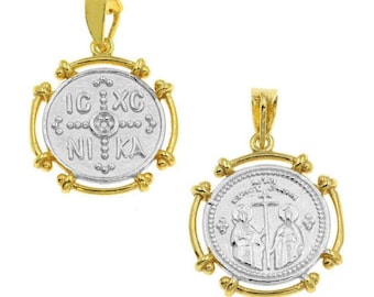 Collar con moneda de Constantino Konstantinato Medallón de oro bizantino Plata de ley Unisex ICXC NIKA Colgante Protección Collar griego para superponer