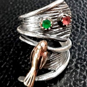 Anillo de resorte Banda de plata de ley 925 Anillo ajustable Banda abierta de ónix verde Anillo de remolino de rubí Pájaro 3D chapado en oro Anillo envolvente Banda envolvente