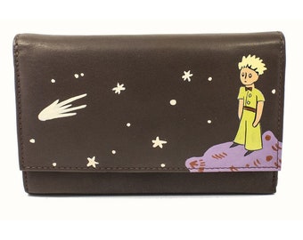 Portefeuille Le Petit Prince Le Petit Prince Grand portefeuille en cuir cuir véritable Sac à main pour dames marron Peint à la main Couleurs éternelles Cadeau pour enfants