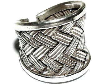 Anillo de red Anillo de plata esterlina Anillo ajustable unisex Banda tejida Anillo de banda tejida Anillo tejido de banda ancha Anillo de tejido de malla Banda de nudos Banda trenzada