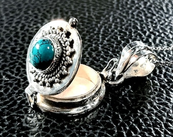 Turquoise photo locket necklace Sterling silver locket Keepsake box pendant Movable lid pendant Secret compartment Turquoise gemstone locket