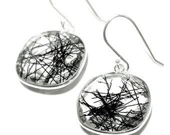 Pendientes de cuarzo rutilado Pendientes de plata de ley 925 Colgantes de cuarzo rutilado negro Pendientes colgantes de cuarzo turmalina negra