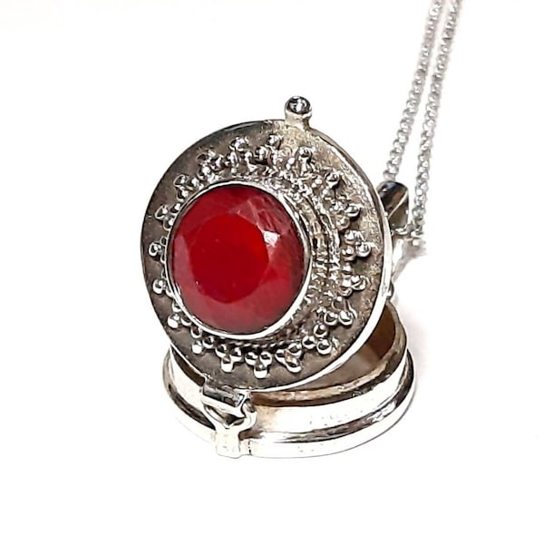 Ruby photo locket necklace 925 Sterling silver Keepsake Charm box pendant Movable lid pendant Ruby gemstone locket Prayer box Poison box