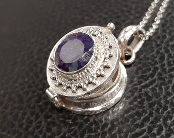 Sapphire photo locket necklace 925 Sterling silver locket pendant Keepsake 3D charm box pendant Movable lid pendant Sapphire gemstone locket