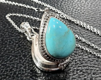 Tibetan turquoise photo locket necklace Sterling silver locket Keepsake box pendant Movable lid Secret compartment Turquoise gemstone locket