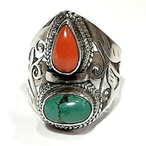 Tibetan turquoise ring Sterling silver band Adjustable ring Red coral ring Turquoise gemstone ring Tibetan jewelry Tibetan turquoise jewelry