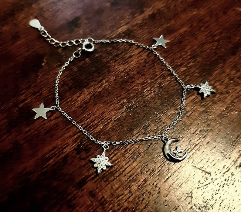 Crescent moon /& star bracelet Sterling silver Celestial Lunar charms Crescent moon zircon stars Minimalist Layering dainty charm bracelet