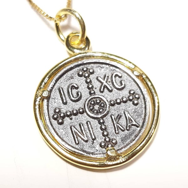 Constantine coin necklace Konstantinato Byzantine gold medallion Sterling silver ICXC NIKA pendant Unisex Protection  necklace Greek jewelry