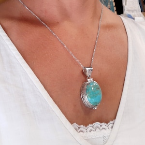 Tibetan turquoise photo locket necklace Sterling silver locket Keepsake Charm box Turquoise gemstone locket Movable lid pendant Prayer box