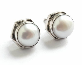 Perle Ohrringe Sterling Silber Ohrstecker Süßwasser Perle Ohrstecker Natürliche Perle Edelsteine Weiße Perle Schmuck Juni Geburtsstein Braut Ohrstecker