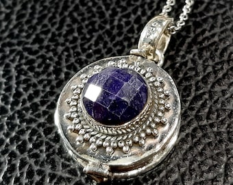 Sapphire photo locket necklace 925 Sterling silver locket pendant Keepsake 3D charm box pendant Movable lid pendant Sapphire gemstone locket