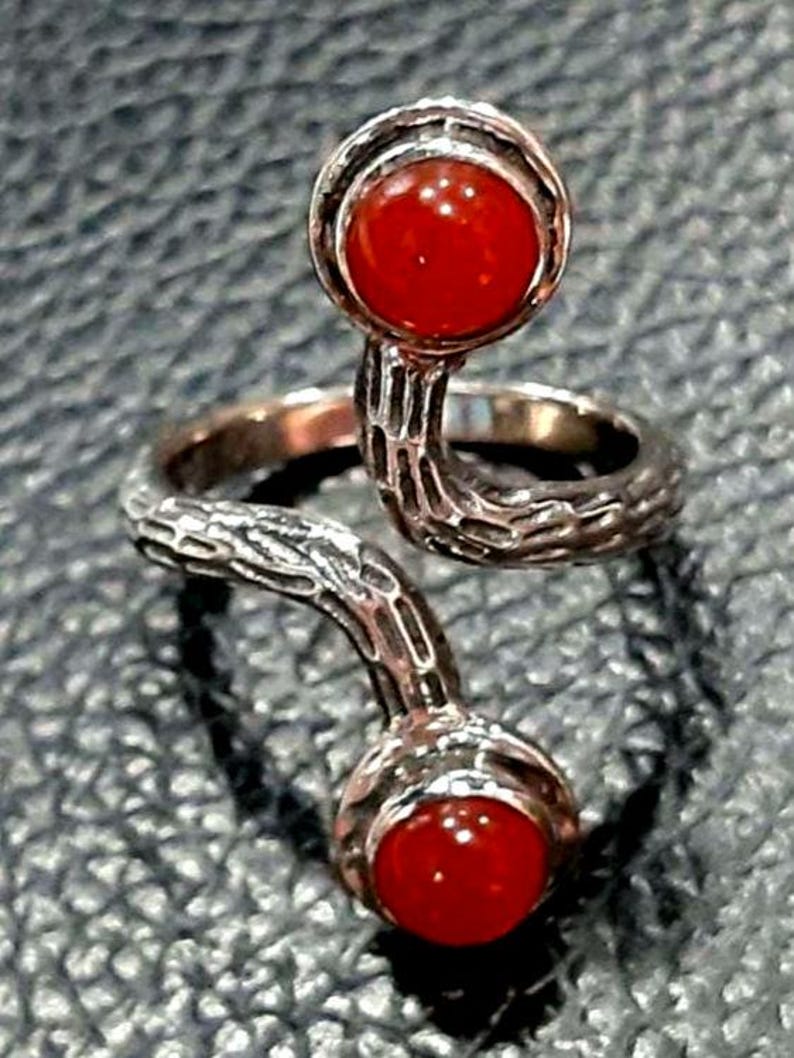 May include: A silver ring with a twisted design and two red carnelian gemstones.