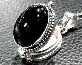 Collar con medallón de foto de ónix negro Medallón de plata esterlina Recuerdo Collar con colgante de caja de veneno Colgante de tapa movible Joyas con compartimento secreto