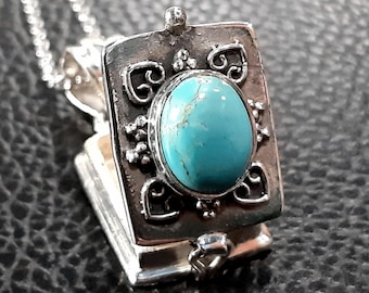 Turquoise photo locket necklace Sterling silver Keepsake 3D charm box pendant Tibetan turquoise locket Movable lid locket Secret compartment