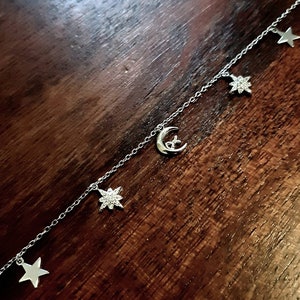 Crescent moon & star bracelet Sterling silver Celestial Lunar charms Crescent moon zircon stars Minimalist Layering dainty charm bracelet