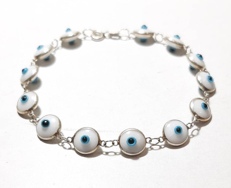 Evil Eye Bracelet Sterling Silver Unisex amulet Protection Good Luck Mati Lampwork Murano Glass Beads Chain Link Greek Jewelry Gift For Baby image 2