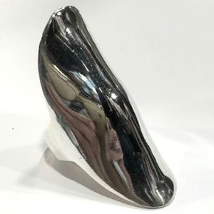 Può includere: Un anello in metallo color argento lucido caratterizzato da un lungo design a scudo affusolato e curvo che si estende verticalmente. La superficie è altamente riflettente, mostrando contorni lisci e una forma solida e continua.