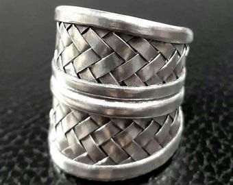 Anillo de red Anillo de plata esterlina Anillo ajustable unisex Banda tejida Anillo de banda tejida Anillo tejido de banda ancha Anillo de tejido de malla Banda de nudos Banda trenzada