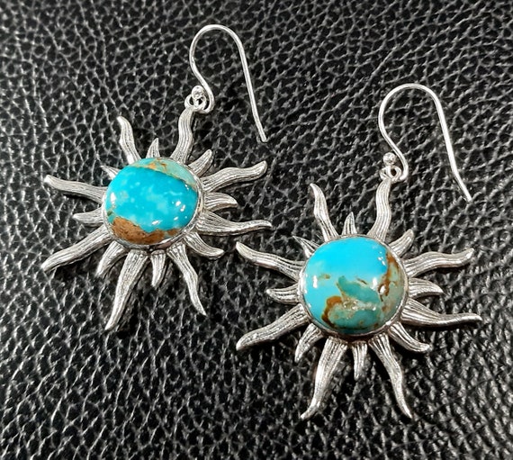 Sun earrings 925 Sterling silver dangles Tibetan turquoise earrings Turquoise dangle earrings Sun dangles Sun jewelry Turquoise jewelry