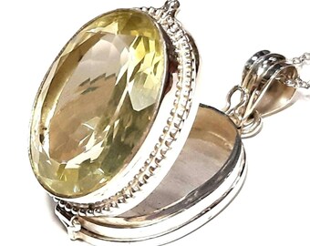 Citrine locket necklace Sterling silver photo locket Keepsake Poison box pendant Citrine photo locket Movable lid pendant 925 Silver locket