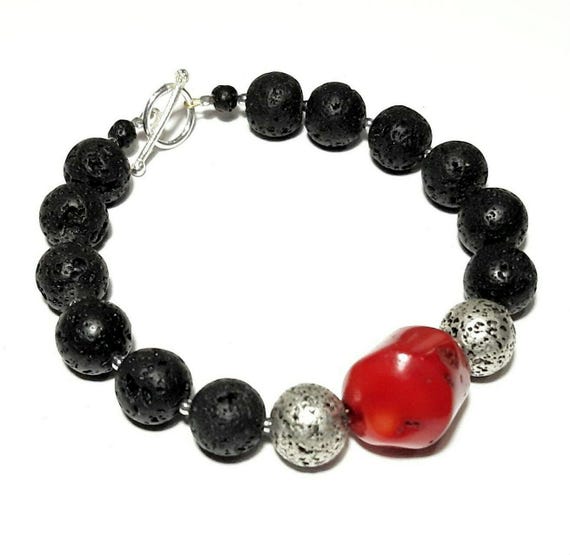 Black lava bracelet Red coral gemstone bracelet Santorini lava jewelry Volcanic lava rock bracelet Coral bracelet Coral jewelry Greek jewels
