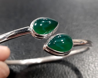 Green onyx bracelet Torque bangle 925 Sterling silver cuff bangle Adjustable open bangle Green onyx gemstones cuff bracelet Torque bracelet