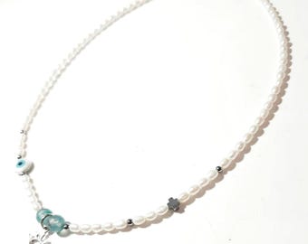 Collar de perlas naturales Collar corona Plata de ley 925 Perlas de agua dulce Nácar Ojo turco Ágata turquesa Gemas de hematita Cruz