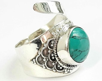 Anillo de turquesa Banda de plata esterlina Anillo ajustable Banda de turquesa natural Anillo de piedra preciosa turquesa Joyería de turquesa Banda de espiral de turquesa