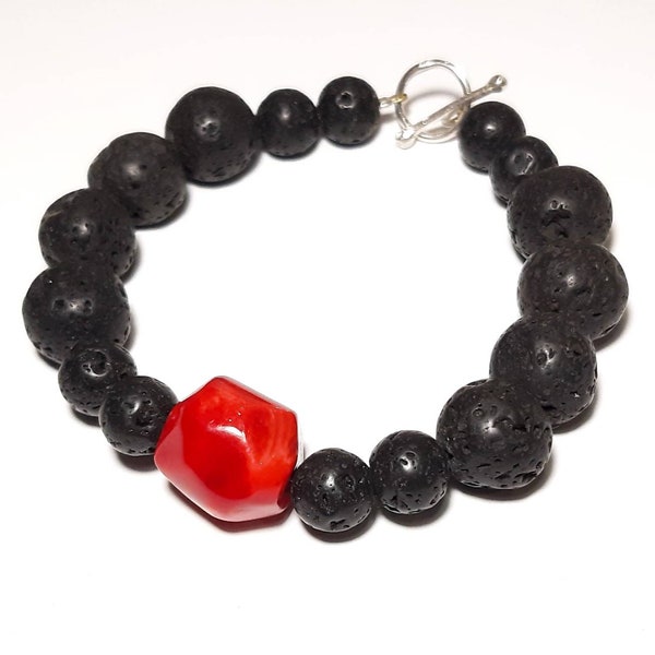 Pulsera de lava negra Plata de ley Pulsera de piedra preciosa de coral rojo Santorini joyería de lava volcánica Lava natural Joyería griega Joyería de lava
