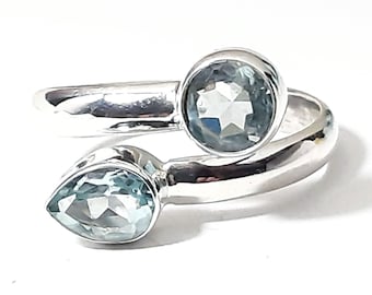 Anello con topazio blu, fascia in argento Sterling 925, anello regolabile, fascia in topazio naturale, anello con pietra preziosa di topazio blu, gioielli con topazio autentico, fascia a spirale in topazio
