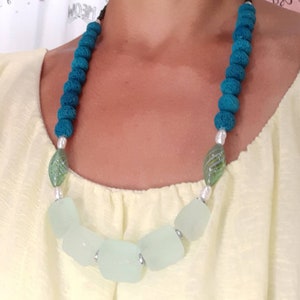 Kristall Aqua Halskette Santorini Lava Lange Halskette Lava Halskette Süßwasser Perlen Handgemachter griechischer Schmuck Kristallschmuck Lava Schmuck