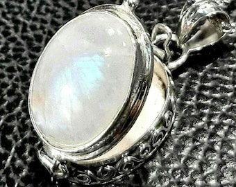 Moonstone photo locket necklace Sterling silver Keepsake 3-D charm box pendant June birthstone Rainbow moonstone gemstone Movable lid locket