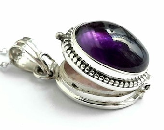 Amethyst photo locket necklace 925 Sterling silver locket pendant Poison box pendant Amethyst gemstone locket Keepsake Movable lid pendant